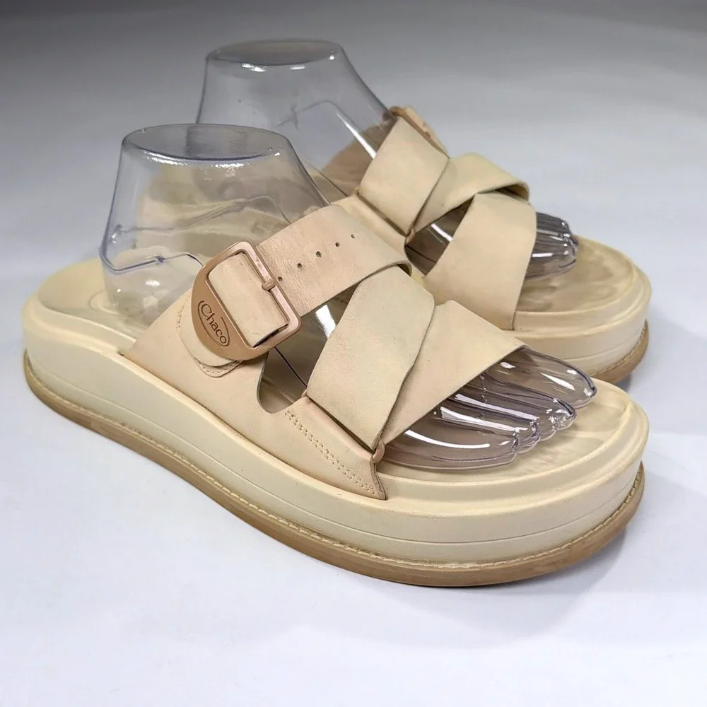 Chaco Townes Midform Slide Sandals Womens 10 Tan Beige Leather Buckle Chunky
